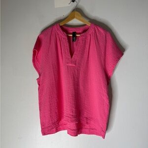 Bobi Short Sleeve V Neck Cotton Gauze Pink Top XL